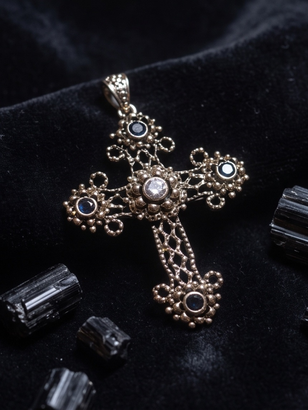 Beautiful antique gold filigree cross with black Onyx and crystal Center stones